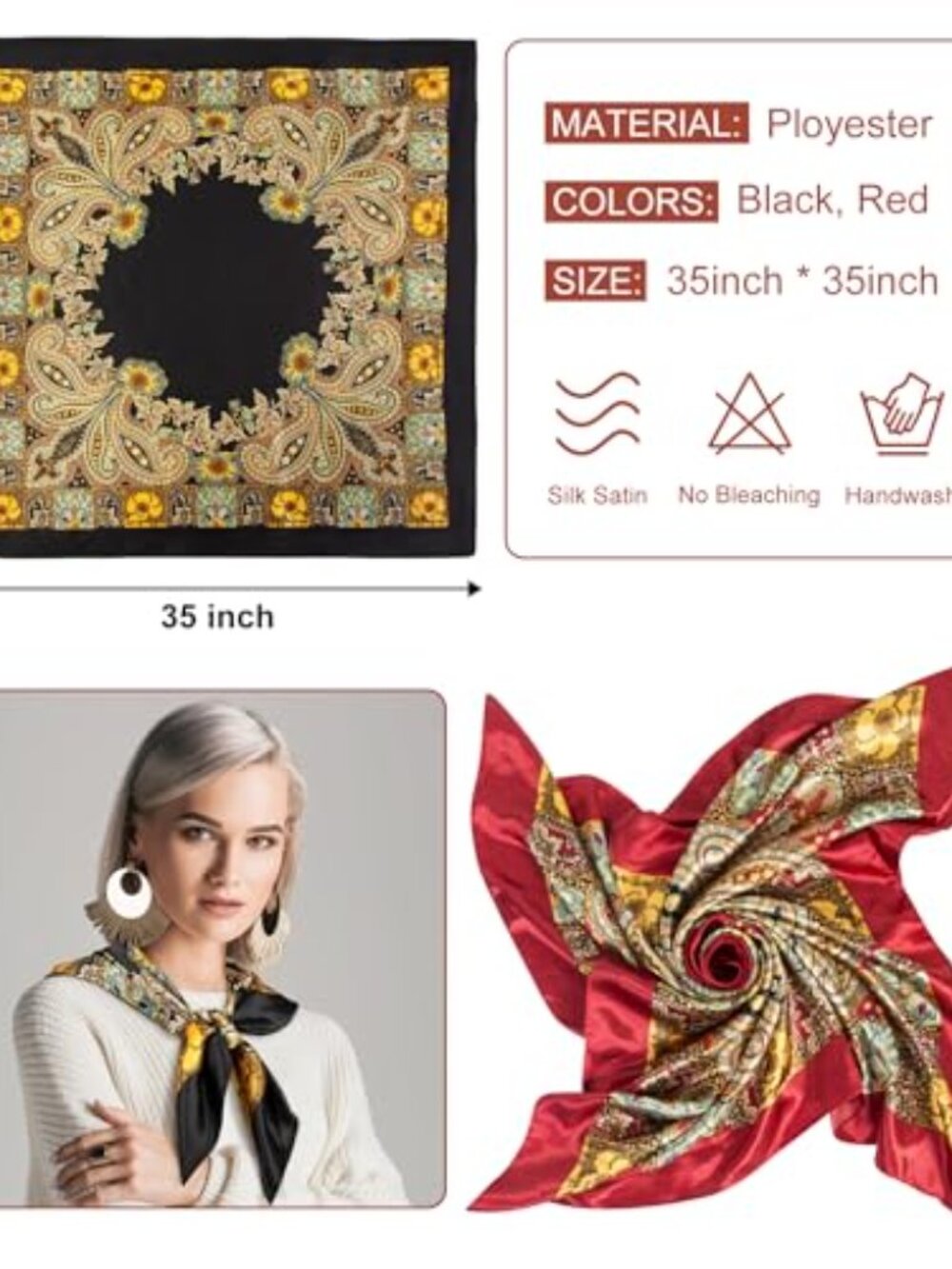 35" Head Scarf for Women, Pirate Costume Accessories Silk Red Bandana for Hair - Picture 2 of 2
